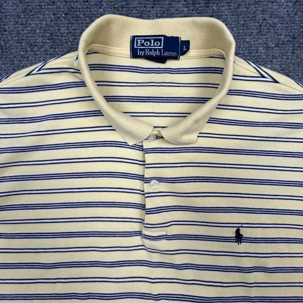 Polo Ralph Lauren Polo Shirt Mens L Yellow Blue Striped Preppy Golf Short Sleeve